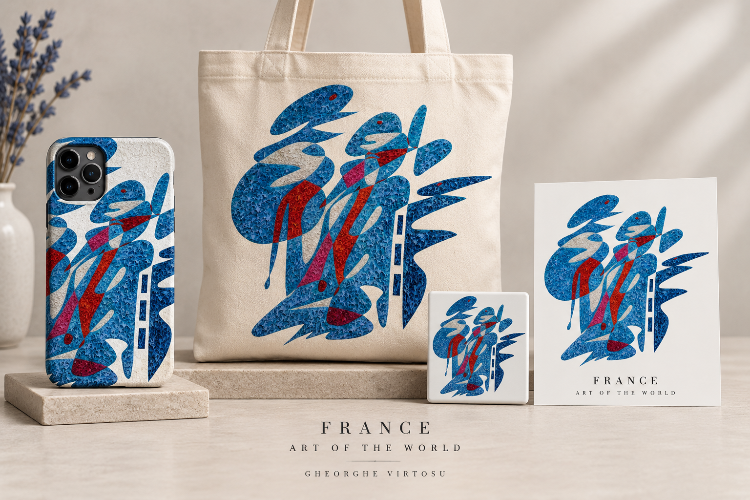 France Art of the World collection shown across phone case, tote bag, magnet and postcard