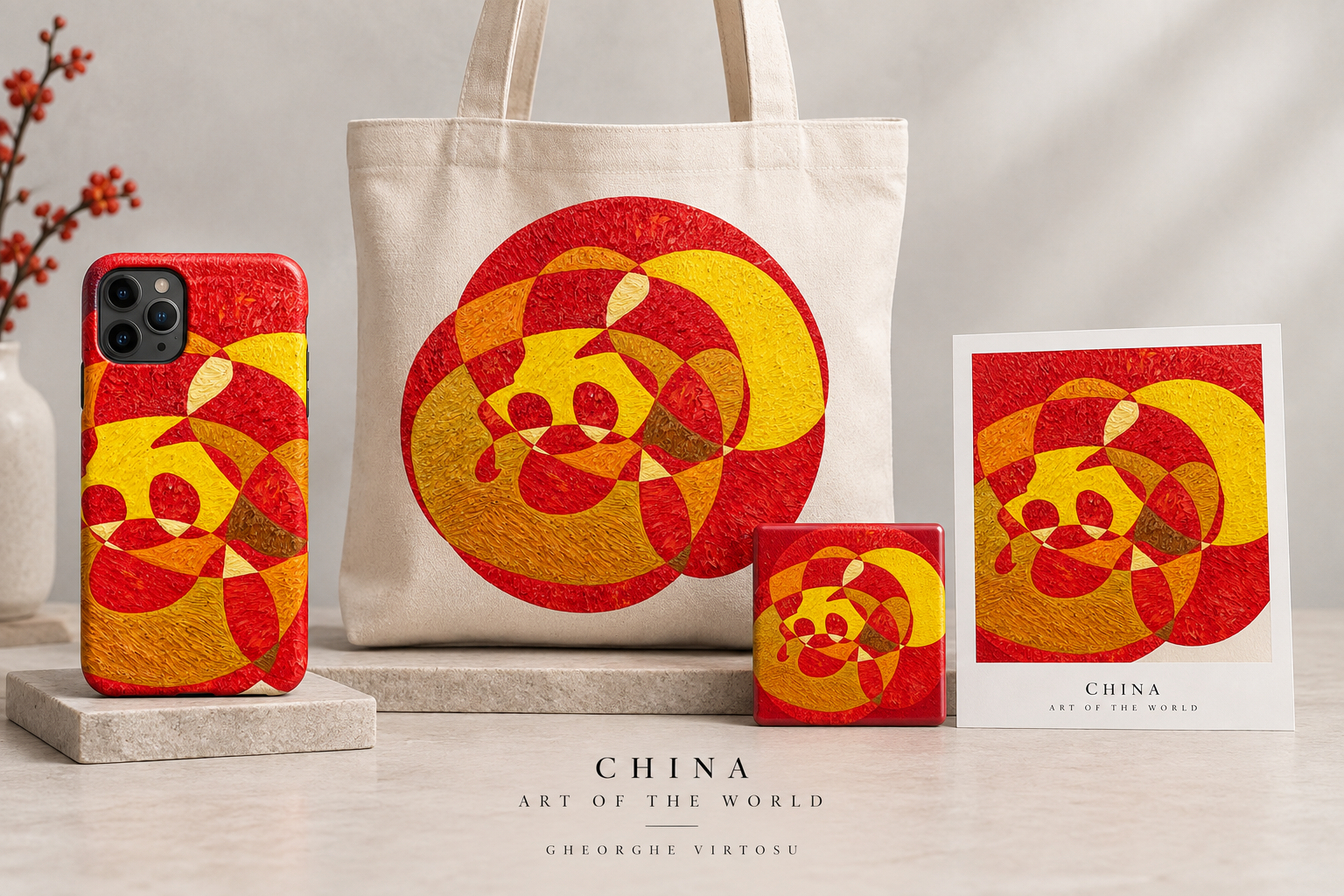 China Art of the World collection shown across phone case, tote bag, magnet and postcard