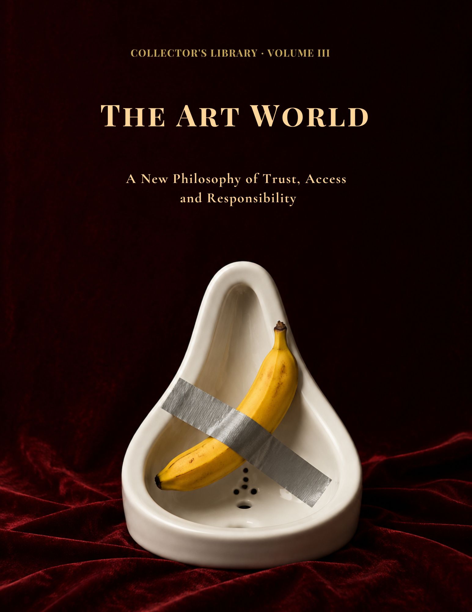 Cover of The Art World: A New Philosophy of Trust, Access and Responsibility, featuring a banana taped to a porcelain urinal against burgundy velvet.